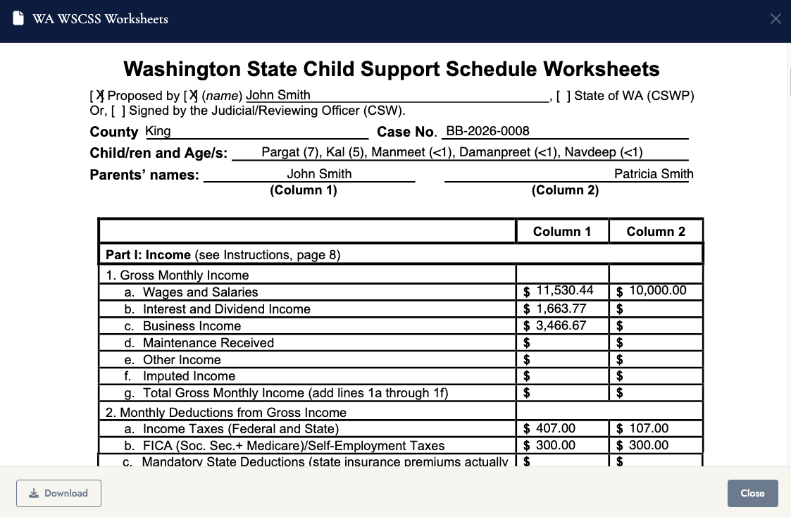 Child support worksheet with calculations auto-filled from the matter in VennBoard