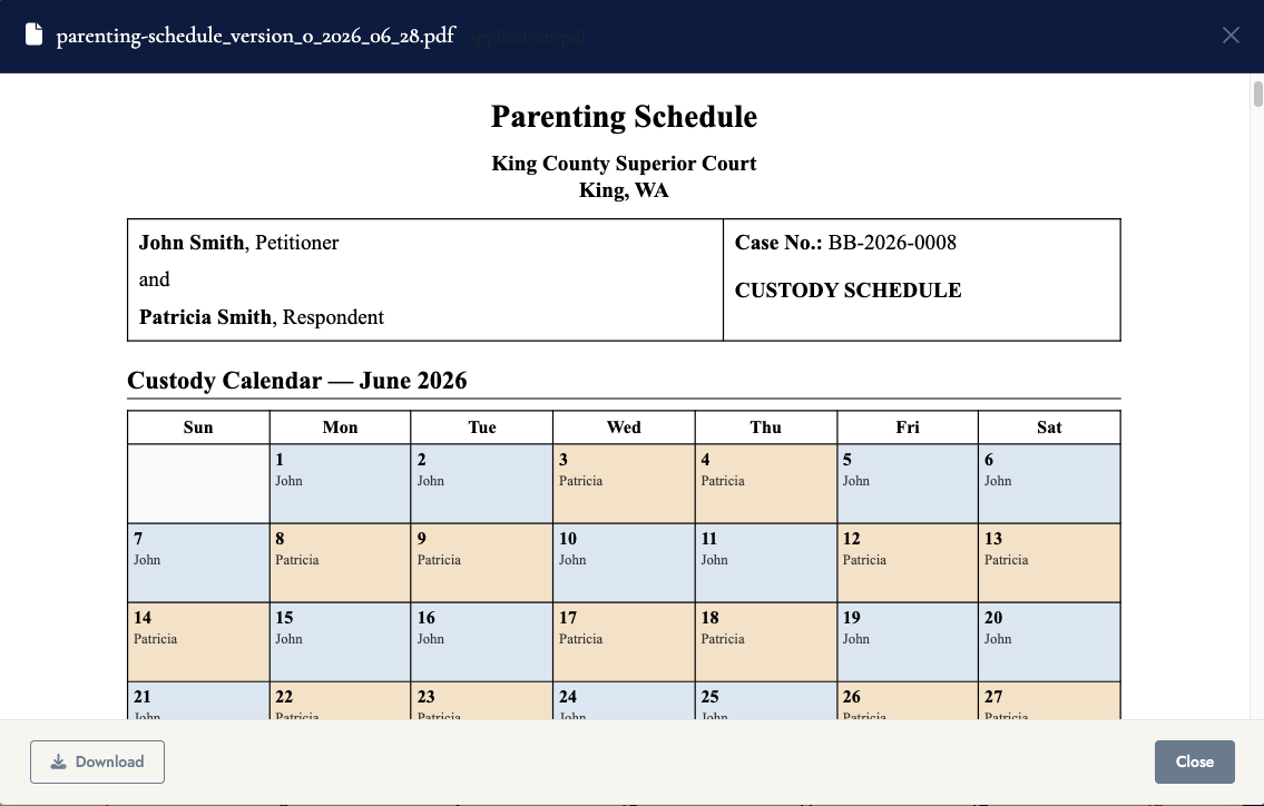 Custody schedule generated from the matter in VennBoard
