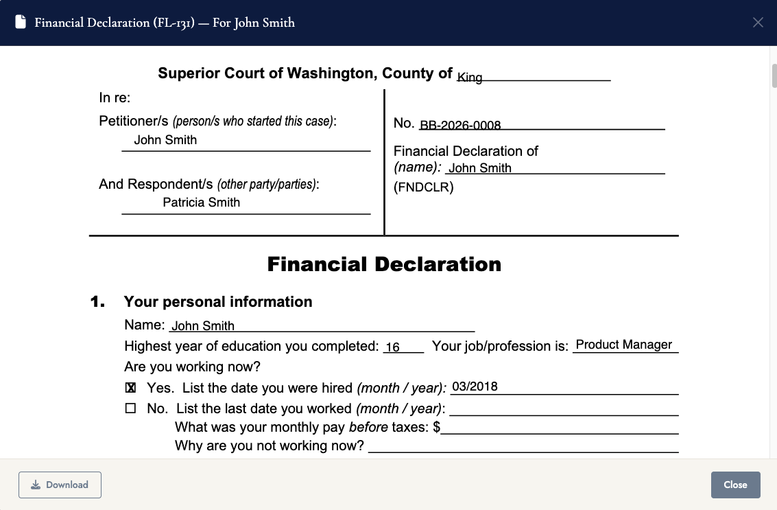 Financial Declaration auto-filled from the matter in VennBoard