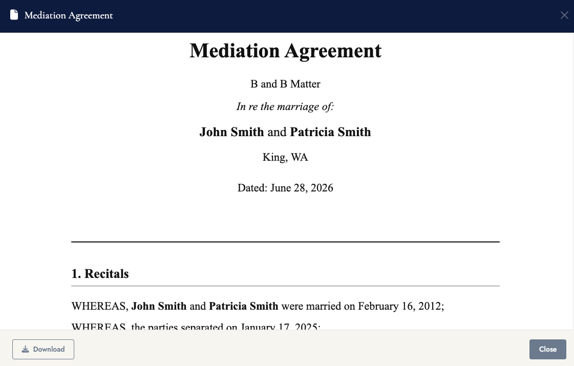 Mediation agreement generated from the matter in VennBoard