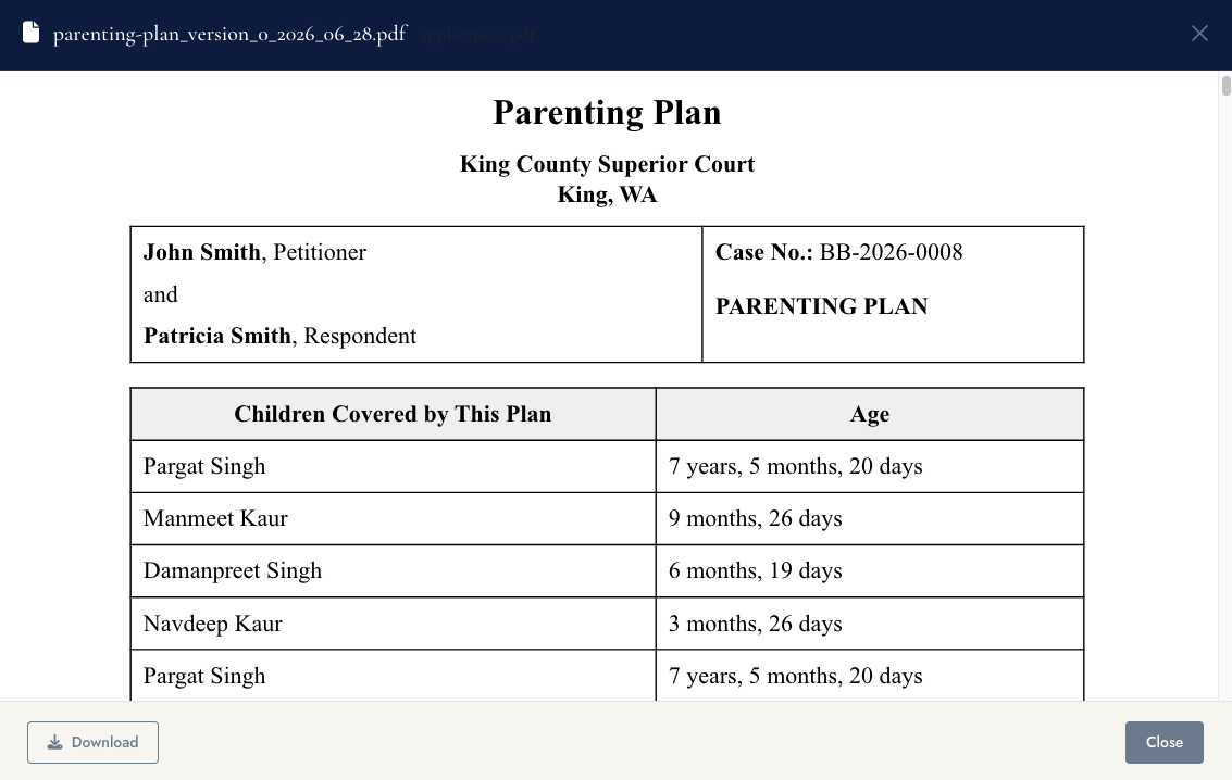 Parenting plan generated from the matter in VennBoard